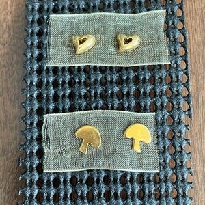 Gold Color Heart and Mushroom Stud Earrings - 2 pairs